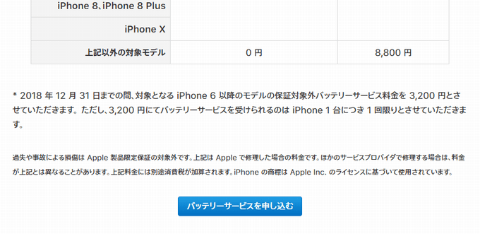 Appleサポートページ　バッテリーサービス