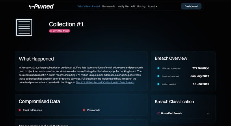 Have I Been Pwned 侵害ページの詳細